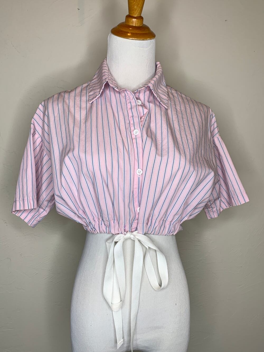Pink Blue Striped Crop Shirt Button Up Tie Waist Sz XS